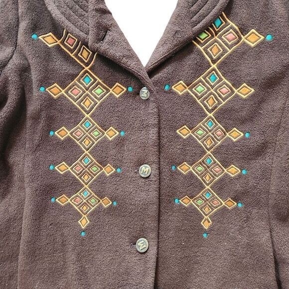 Bob Mackie Jacket Womens Large Wearable Art Fleece Coat Brown Embroidered Button - Picture 6 of 8
